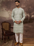 Men Green Viscose Rayon Solid Embroidered Straight Kurta with Trouser-MKSET1386