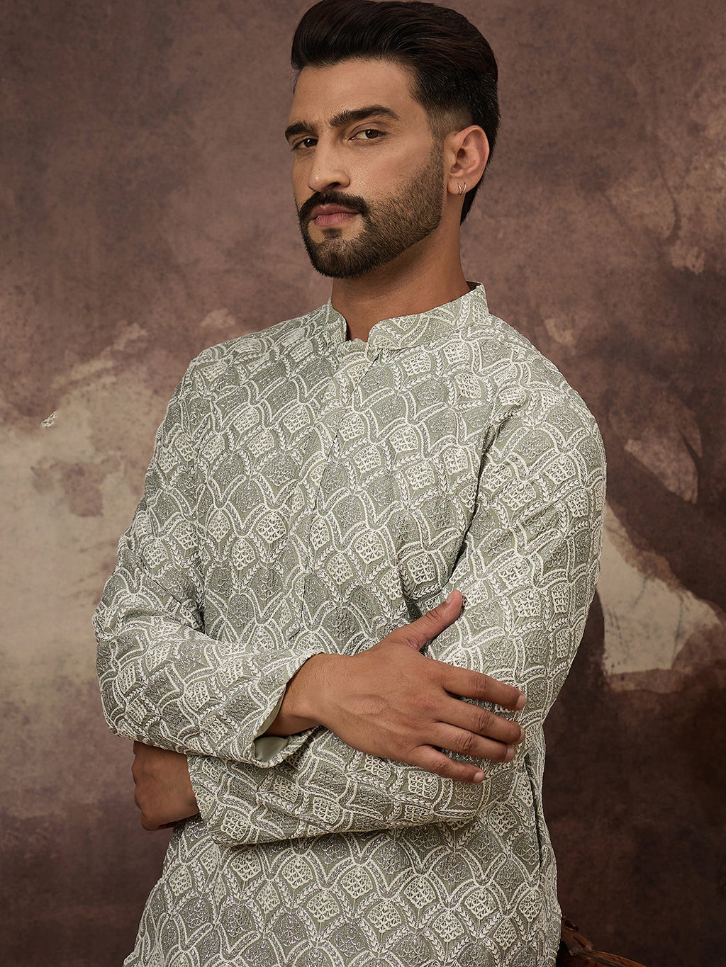 Men Green Viscose Rayon Solid Embroidered Straight Kurta with Trouser-MKSET1386