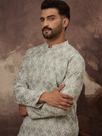 Men Green Viscose Rayon Solid Embroidered Straight Kurta with Trouser-MKSET1386
