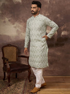 Men Green Viscose Rayon Solid Embroidered Straight Kurta with Trouser-MKSET1386
