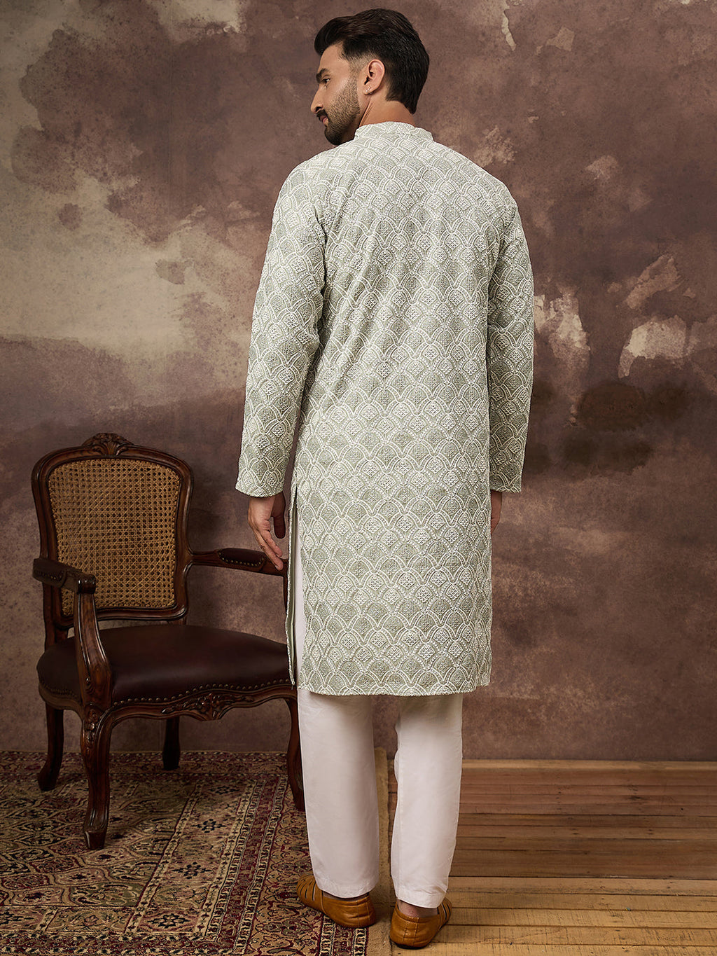 Men Green Viscose Rayon Solid Embroidered Straight Kurta with Trouser-MKSET1386