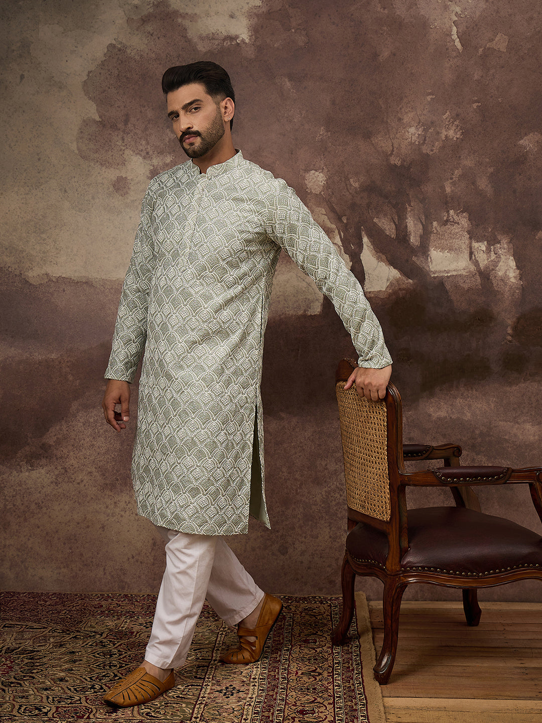 Men Green Viscose Rayon Solid Embroidered Straight Kurta with Trouser-MKSET1386