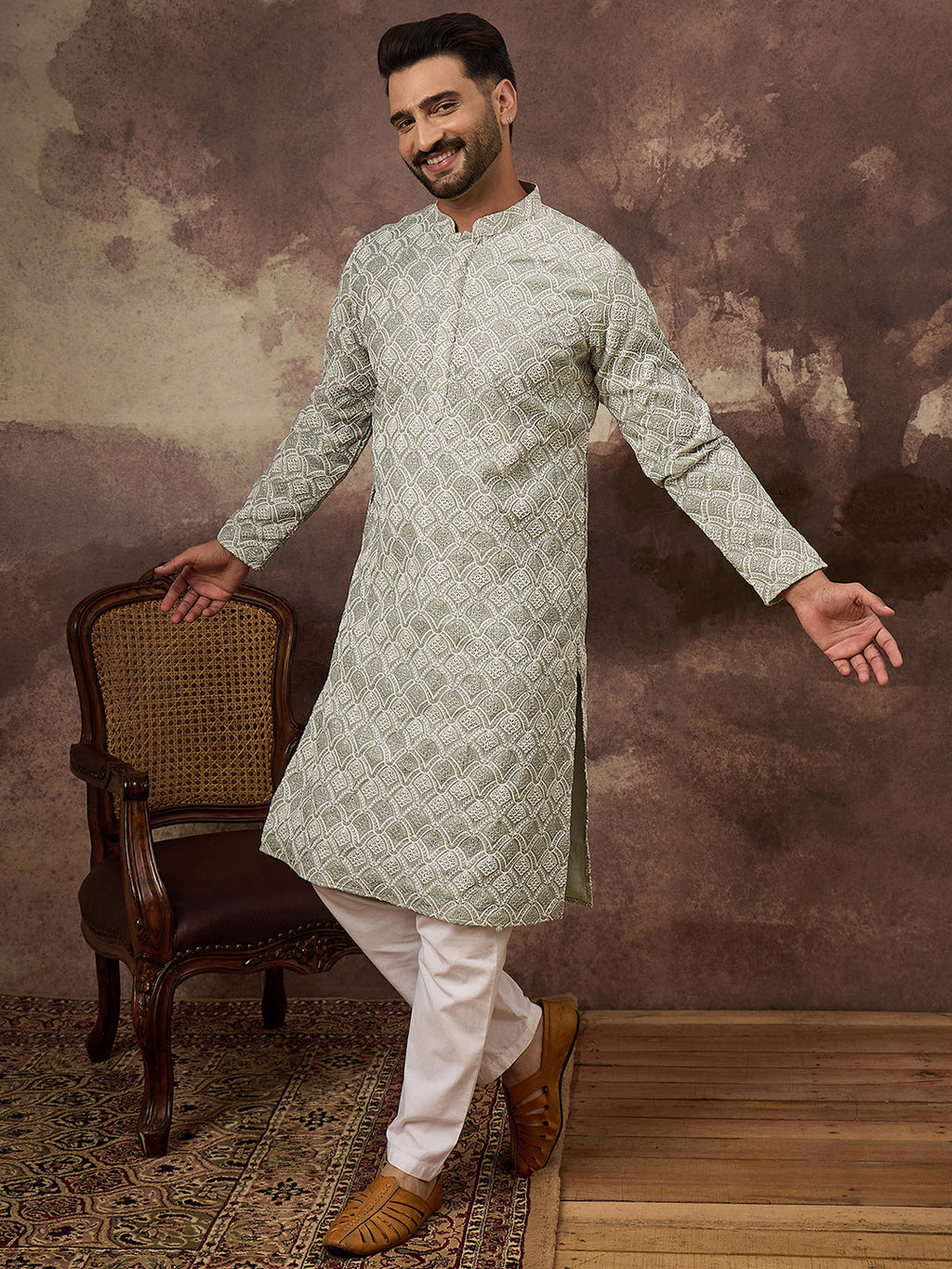 Men Green Viscose Rayon Solid Embroidered Straight Kurta with Trouser-MKSET1386