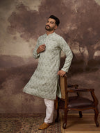Men Green Viscose Rayon Solid Embroidered Straight Kurta with Trouser-MKSET1386