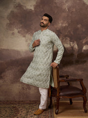Men Green Viscose Rayon Solid Embroidered Straight Kurta with Trouser-MKSET1386