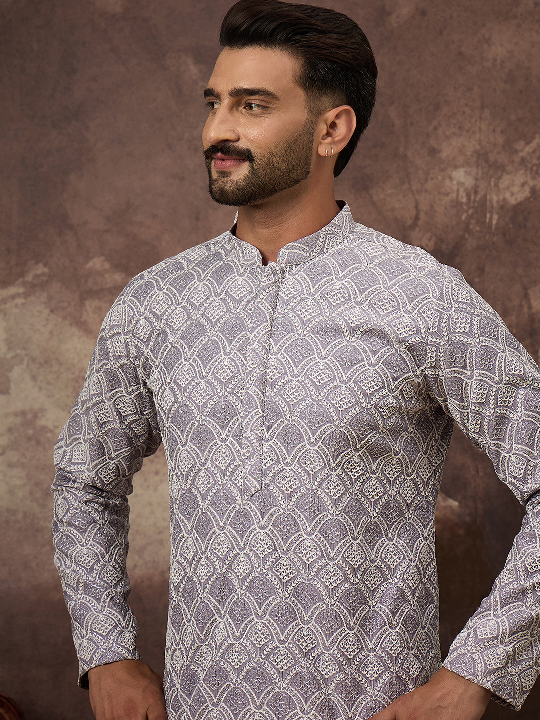 Men Lavender Viscose Rayon Solid Embroidered Straight Kurta with Trouser-MKSET1387