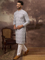 Men Lavender Viscose Rayon Solid Embroidered Straight Kurta with Trouser-MKSET1387