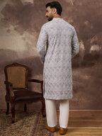 Men Lavender Viscose Rayon Solid Embroidered Straight Kurta with Trouser-MKSET1387