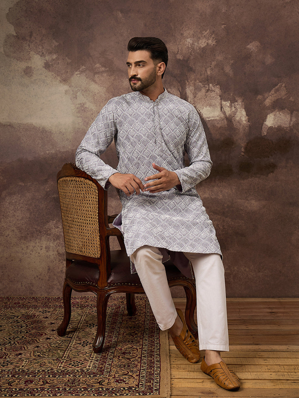 Men Lavender Viscose Rayon Solid Embroidered Straight Kurta with Trouser-MKSET1387