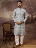 Men Blue Viscose Rayon Solid Embroidered Straight Kurta with Trouser-MKSET1388
