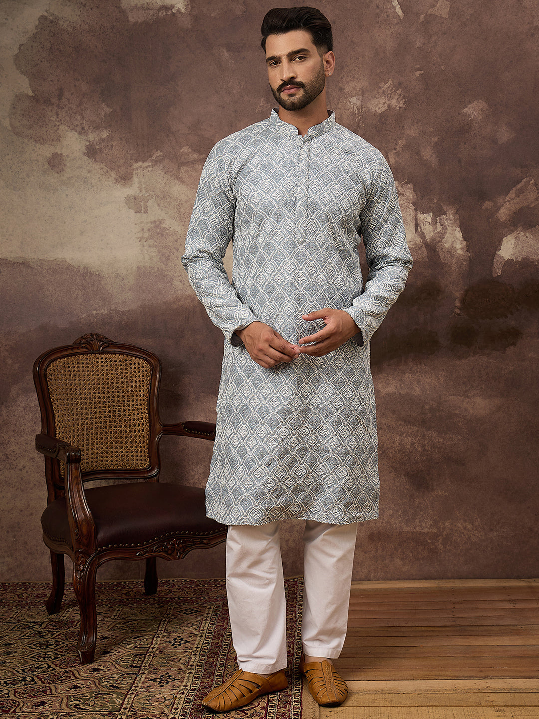 Men Blue Viscose Rayon Solid Embroidered Straight Kurta with Trouser-MKSET1388