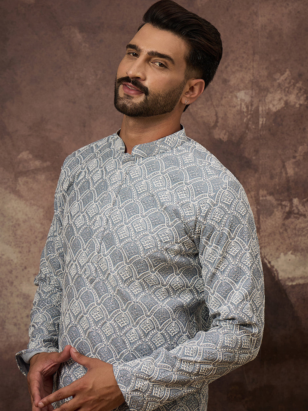 Men Blue Viscose Rayon Solid Embroidered Straight Kurta with Trouser-MKSET1388