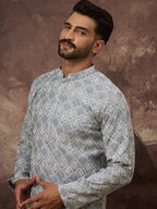 Men Blue Viscose Rayon Solid Embroidered Straight Kurta with Trouser-MKSET1388