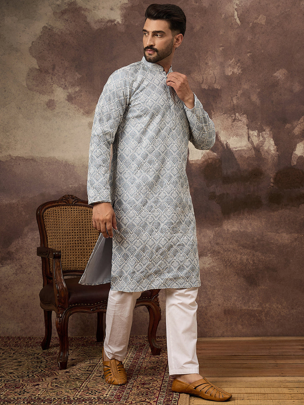 Men Blue Viscose Rayon Solid Embroidered Straight Kurta with Trouser-MKSET1388