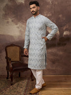 Men Blue Viscose Rayon Solid Embroidered Straight Kurta with Trouser-MKSET1388