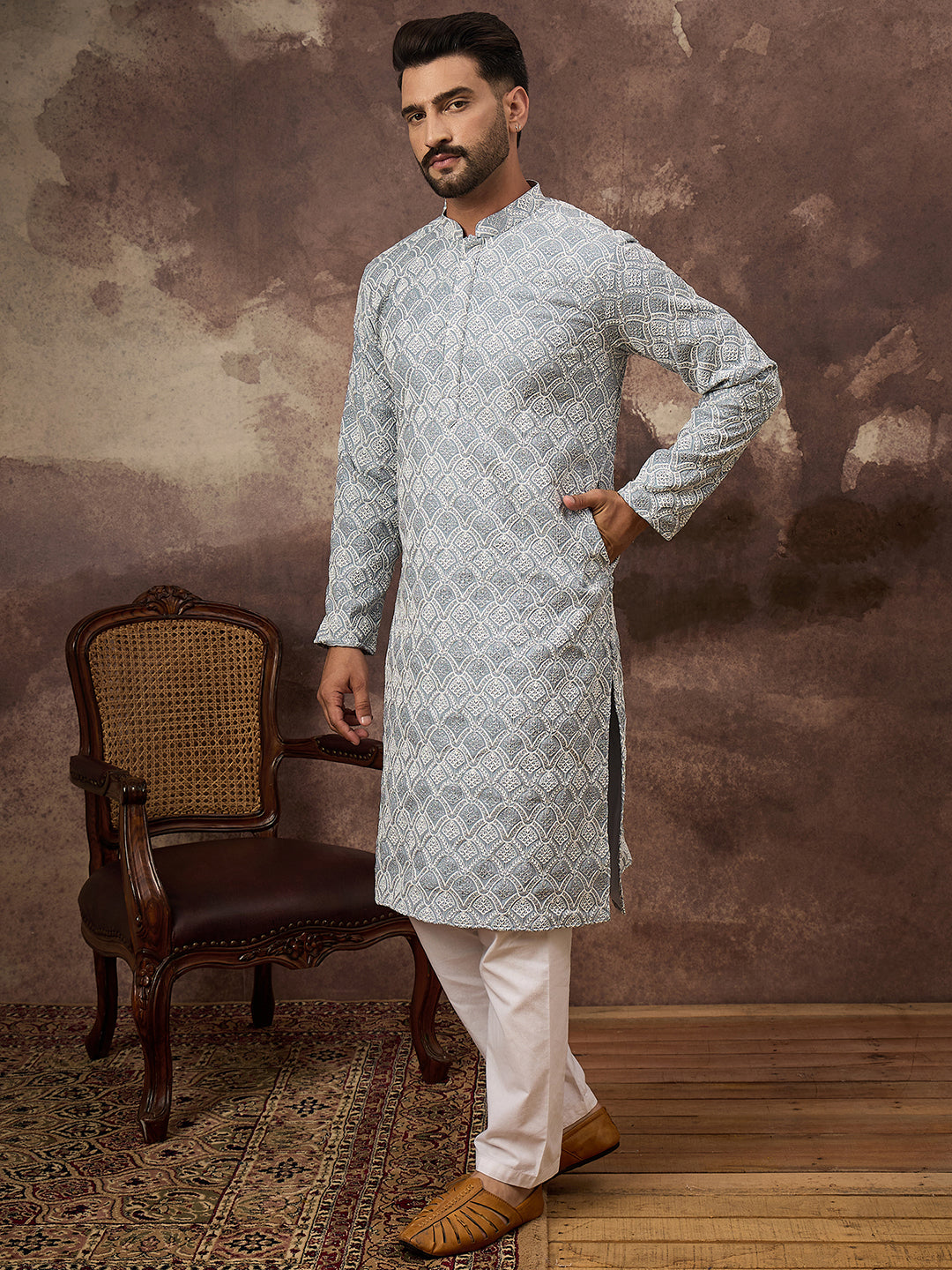 Men Blue Viscose Rayon Solid Embroidered Straight Kurta with Trouser-MKSET1388