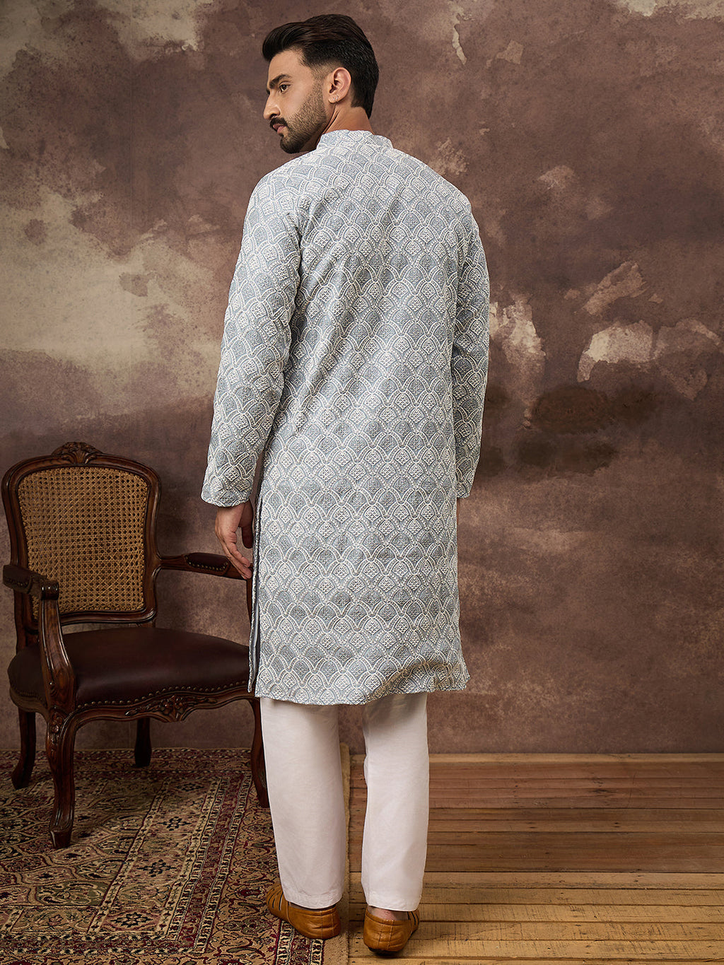 Men Blue Viscose Rayon Solid Embroidered Straight Kurta with Trouser-MKSET1388
