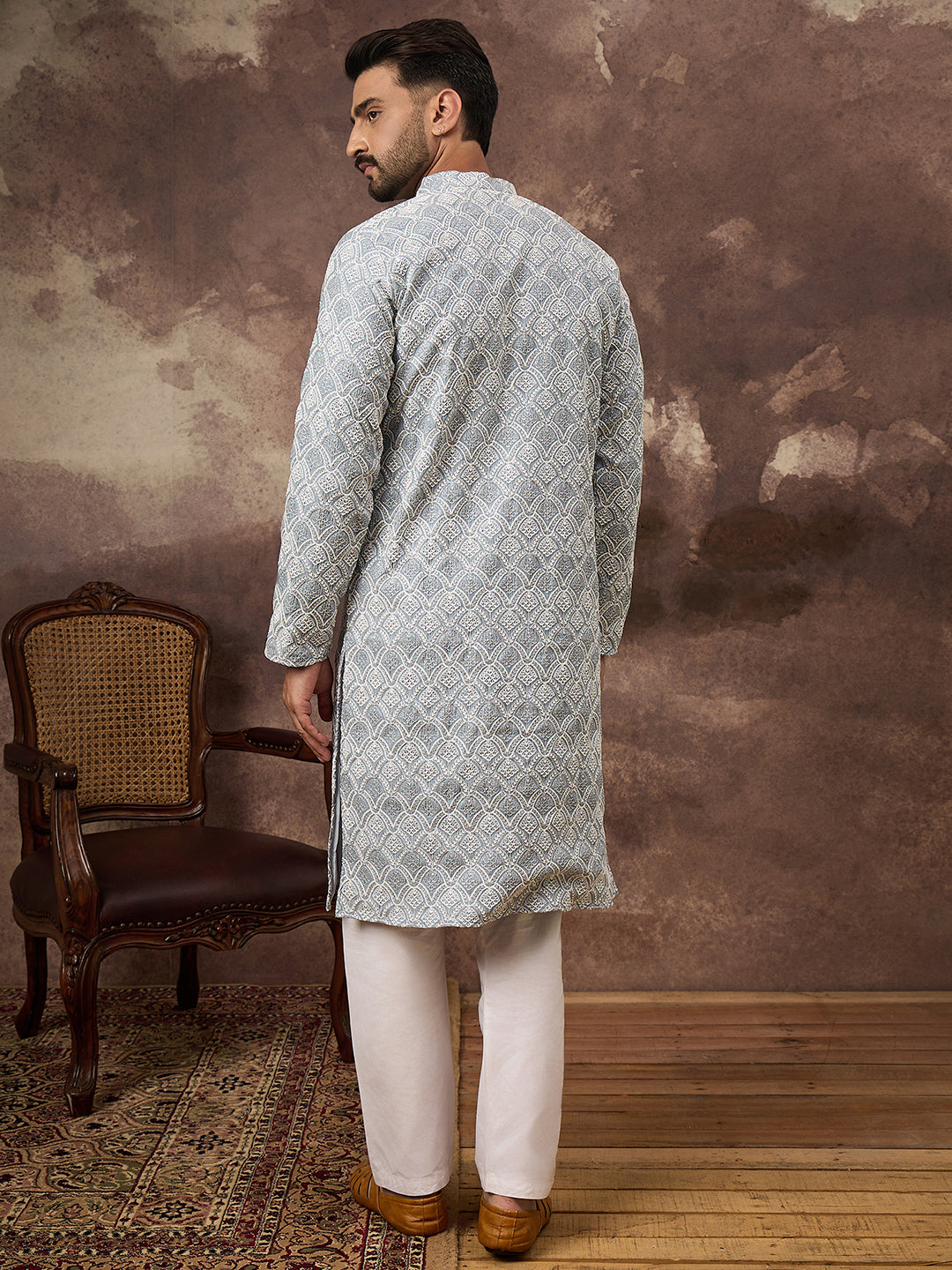 Men Blue Viscose Rayon Solid Embroidered Straight Kurta with Trouser-MKSET1388