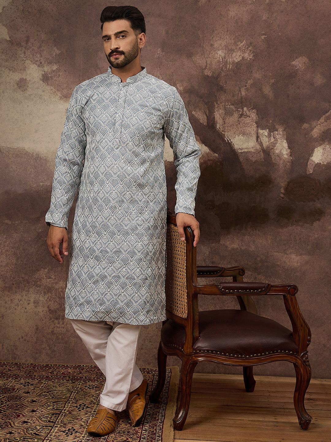 Men Blue Viscose Rayon Solid Embroidered Straight Kurta with Trouser-MKSET1388