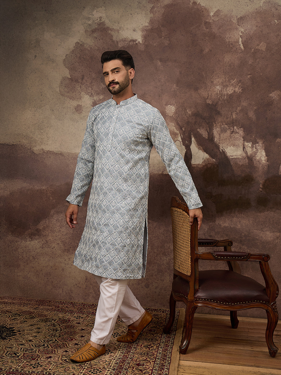 Men Blue Viscose Rayon Solid Embroidered Straight Kurta with Trouser-MKSET1388
