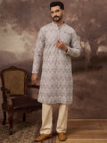 Men Mauve Viscose Rayon Solid Embroidered Straight Kurta with Trouser-MKSET1389