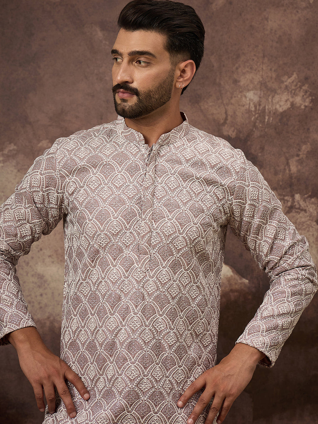 Men Mauve Viscose Rayon Solid Embroidered Straight Kurta with Trouser-MKSET1389