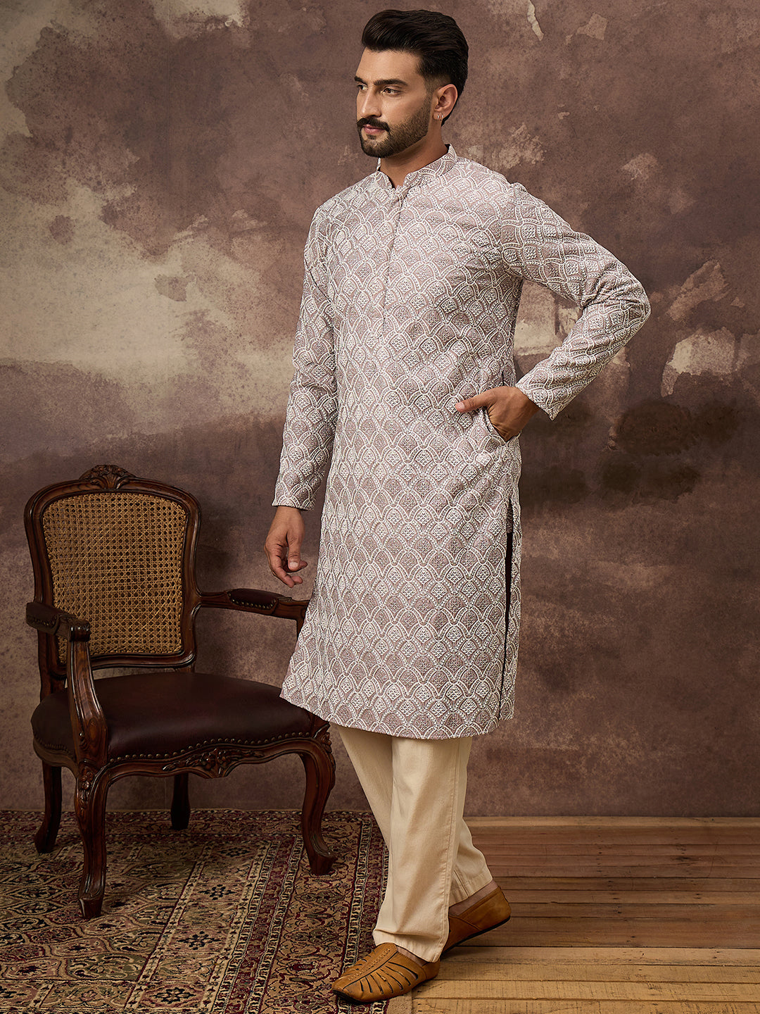 Men Mauve Viscose Rayon Solid Embroidered Straight Kurta with Trouser-MKSET1389