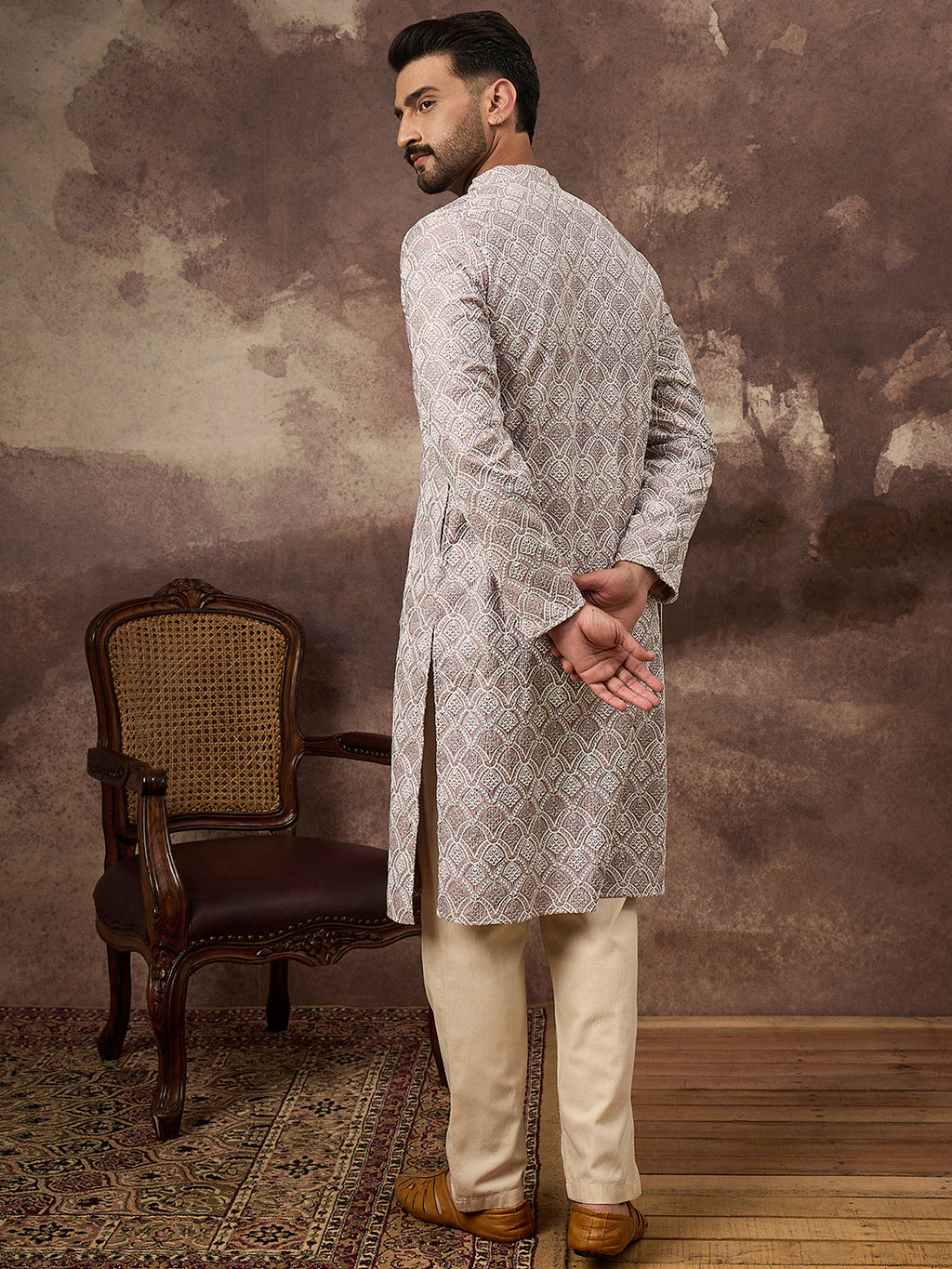 Men Mauve Viscose Rayon Solid Embroidered Straight Kurta with Trouser-MKSET1389
