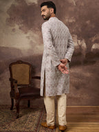Men Mauve Viscose Rayon Solid Embroidered Straight Kurta with Trouser-MKSET1389