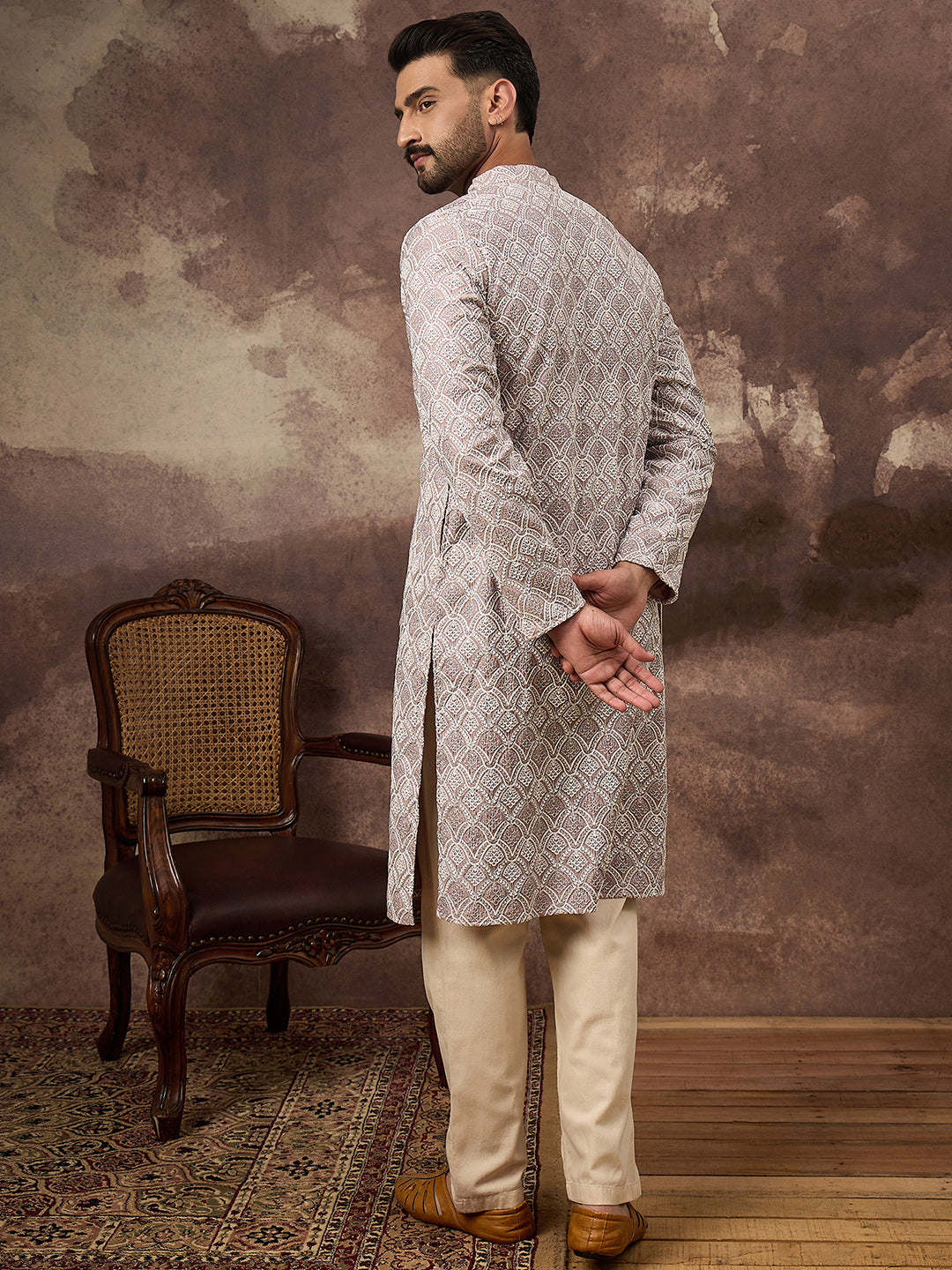Men Mauve Viscose Rayon Solid Embroidered Straight Kurta with Trouser-MKSET1389
