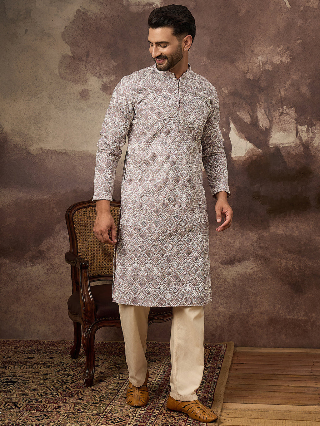 Men Mauve Viscose Rayon Solid Embroidered Straight Kurta with Trouser-MKSET1389