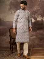Men Mauve Viscose Rayon Solid Embroidered Straight Kurta with Trouser-MKSET1389