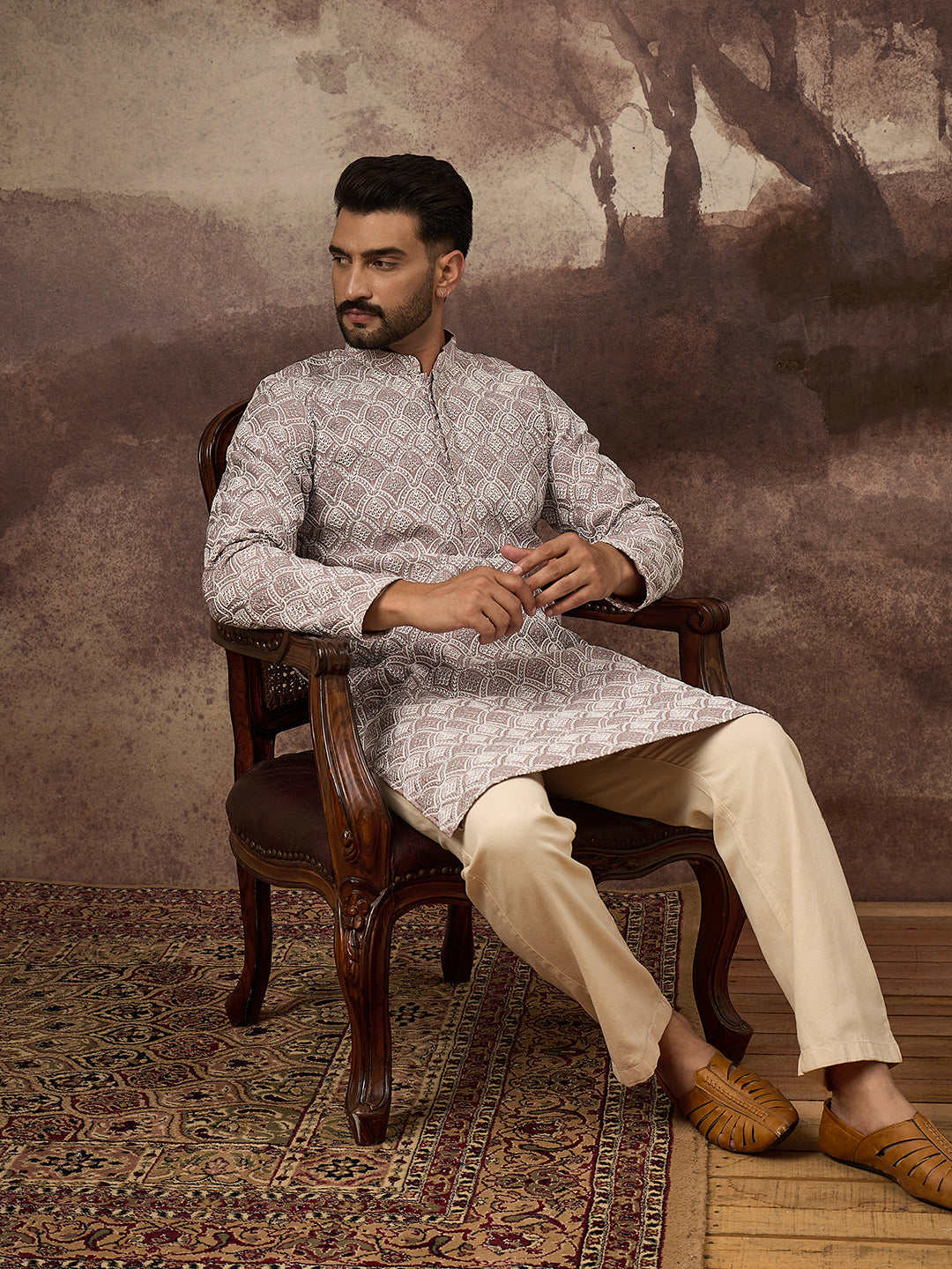 Men Mauve Viscose Rayon Solid Embroidered Straight Kurta with Trouser-MKSET1389