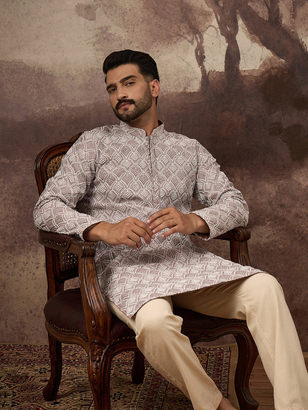 Men Mauve Viscose Rayon Solid Embroidered Straight Kurta with Trouser-MKSET1389