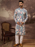 Men Blue Viscose Rayon Floral Embroidered Straight Kurta with Trouser-MKSET1429
