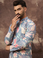 Men Blue Viscose Rayon Floral Embroidered Straight Kurta with Trouser-MKSET1429