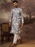 Men Blue Viscose Rayon Floral Embroidered Straight Kurta with Trouser-MKSET1429