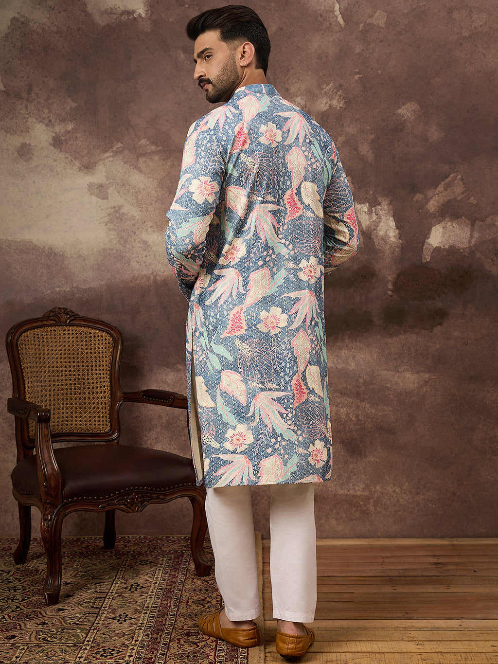 Men Blue Viscose Rayon Floral Embroidered Straight Kurta with Trouser-MKSET1429
