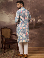 Men Blue Viscose Rayon Floral Embroidered Straight Kurta with Trouser-MKSET1429