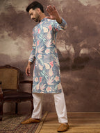 Men Blue Viscose Rayon Floral Embroidered Straight Kurta with Trouser-MKSET1429