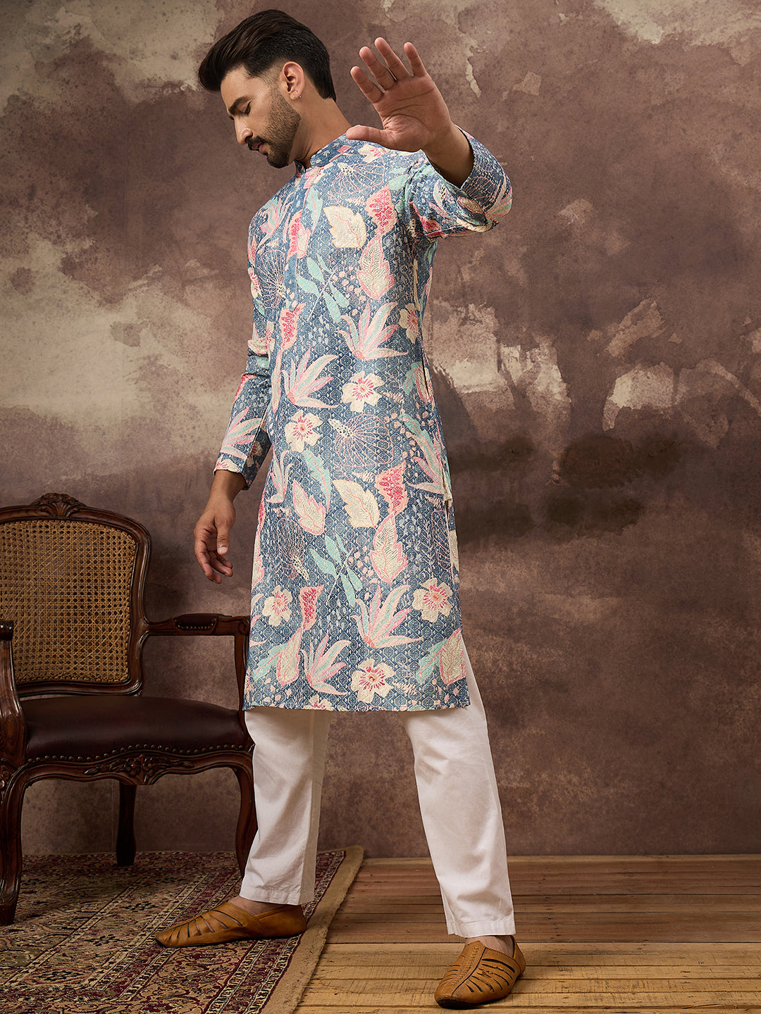Men Blue Viscose Rayon Floral Embroidered Straight Kurta with Trouser-MKSET1429
