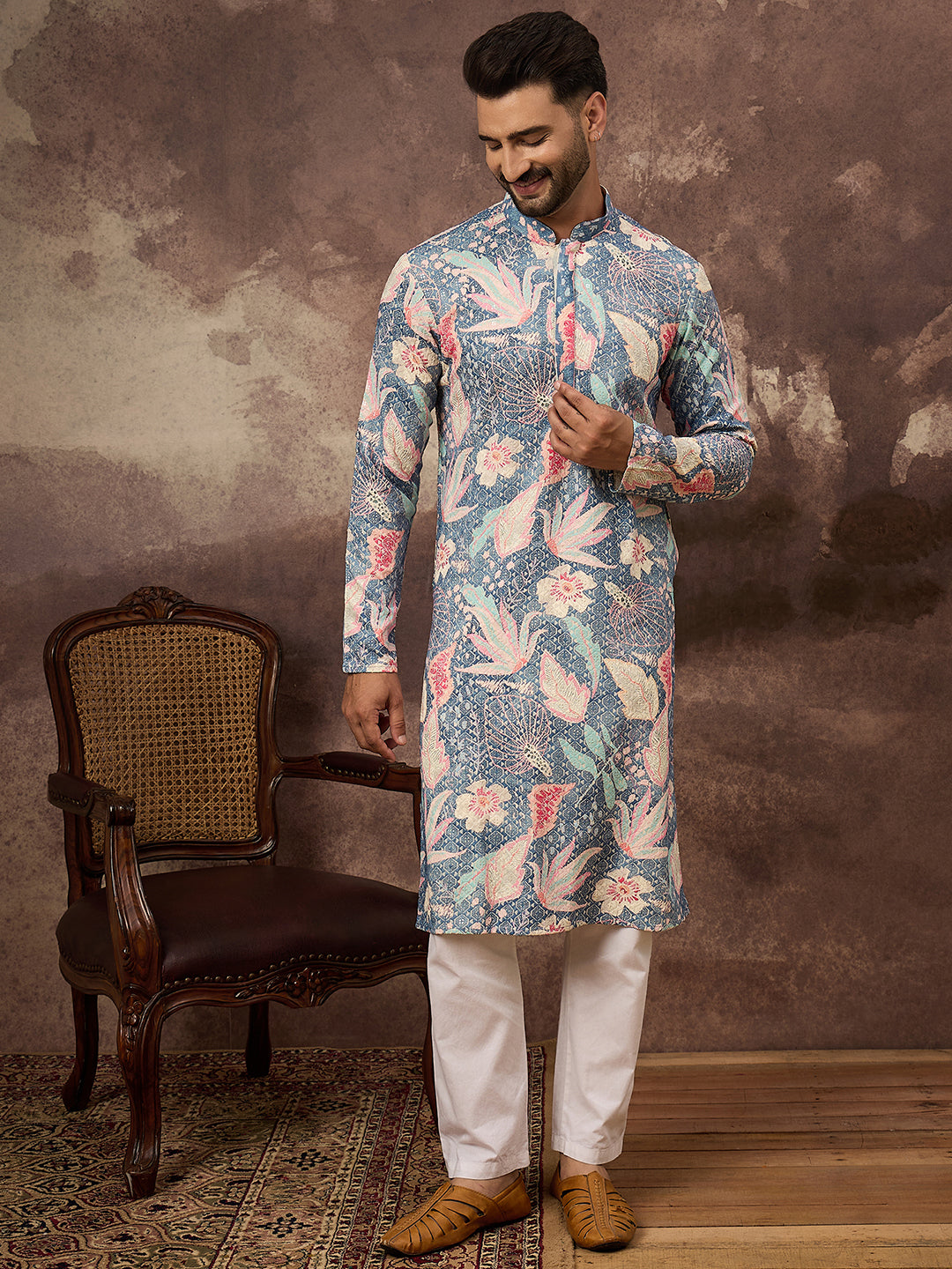 Men Blue Viscose Rayon Floral Embroidered Straight Kurta with Trouser-MKSET1429