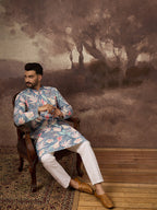 Men Blue Viscose Rayon Floral Embroidered Straight Kurta with Trouser-MKSET1429