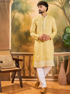 Men Yellow Silk Blend Solid Embroidered Straight Kurta with Trouser-MKSET1434