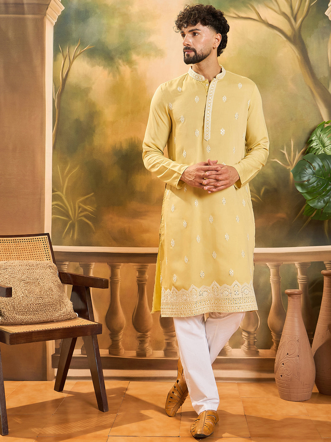 Men Yellow Silk Blend Solid Embroidered Straight Kurta with Trouser-MKSET1434