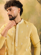 Men Yellow Silk Blend Solid Embroidered Straight Kurta with Trouser-MKSET1434