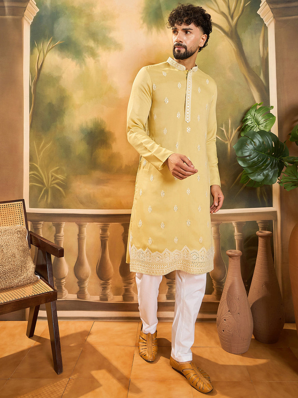 Men Yellow Silk Blend Solid Embroidered Straight Kurta with Trouser-MKSET1434