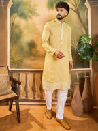 Men Yellow Silk Blend Solid Embroidered Straight Kurta with Trouser-MKSET1434
