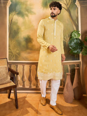 Men Yellow Silk Blend Solid Embroidered Straight Kurta with Trouser-MKSET1434