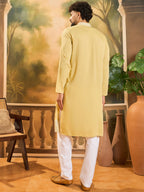 Men Yellow Silk Blend Solid Embroidered Straight Kurta with Trouser-MKSET1434